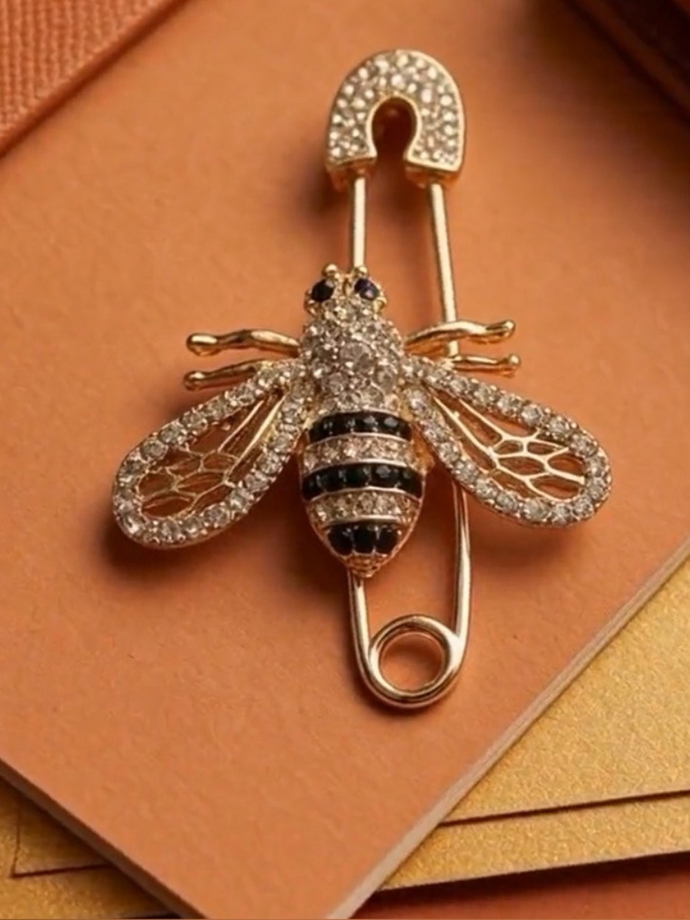 Gold Bee Crystal Safety-Pin Brooch - Elegant Women's Jewelry